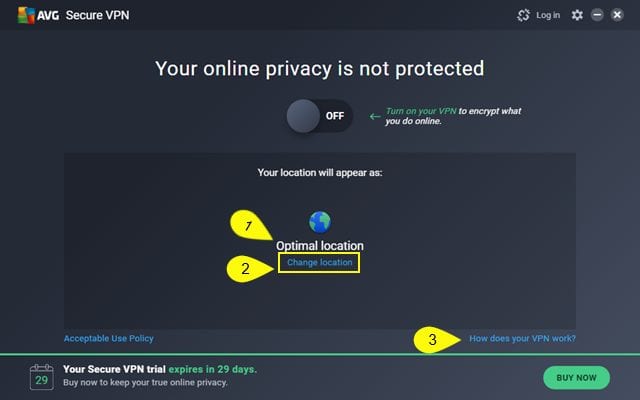 AVG VPN Windows Client Change Location Screen