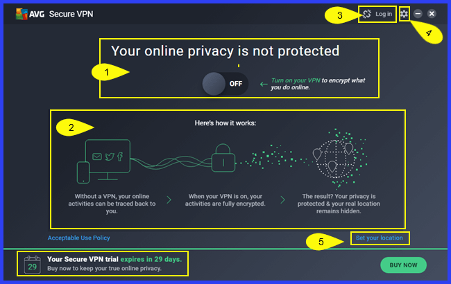 AVG VPN Windows Client Main Interface Screen