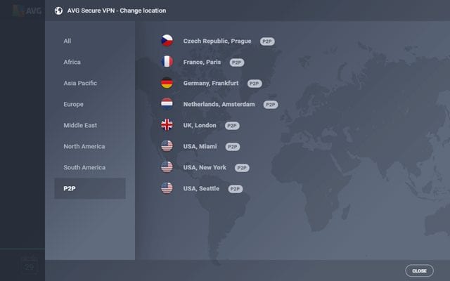 Sorting Locations by P2P with the AVG VPN Windows Client