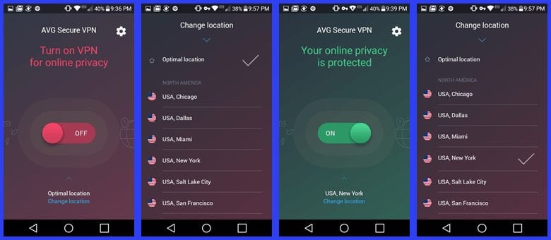 Choosing and Connecting to a New Location with the AVG VPN Android App