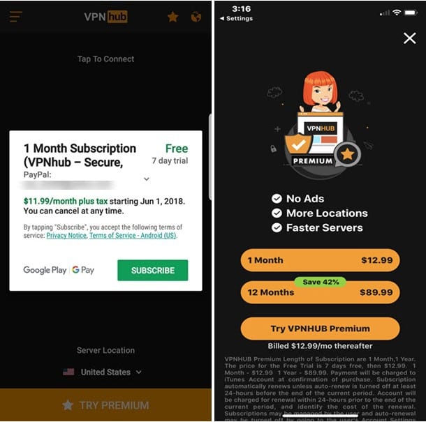 VPNHub Pricing for Both mobile devices.