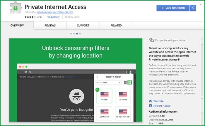 Private Internet Access Extension Page