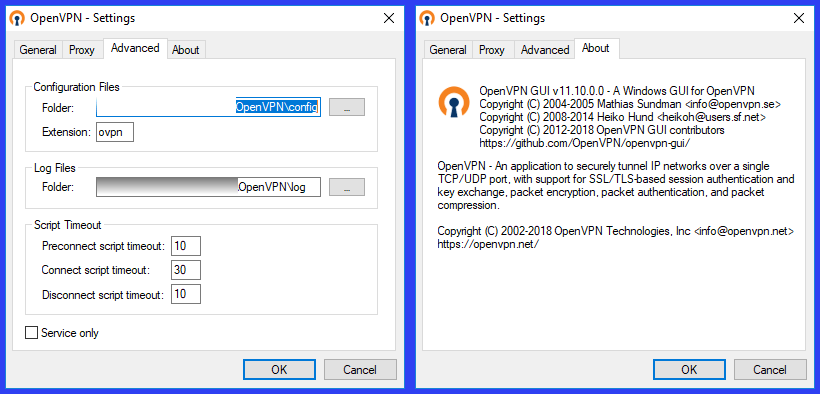 OpenVPN Advanced and About Settings Tabs