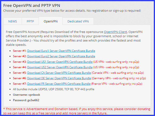 Downloading VPNBook Network Server Profiles