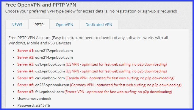 VPNBook PPTP Protocol Connection Data