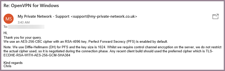 OpenVPN MPN Support Response Email