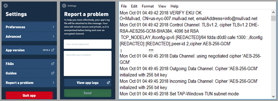 Reporting Problems from Within the Mullvad App