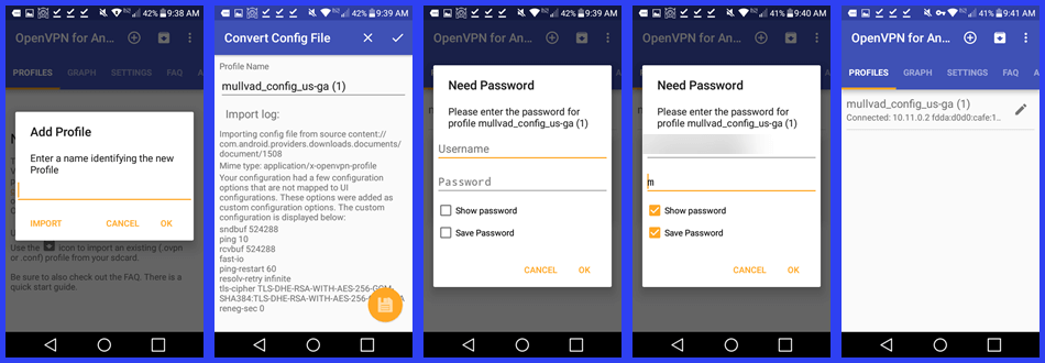 Loading the Mullvad GA Profile into OpenVPN for Android