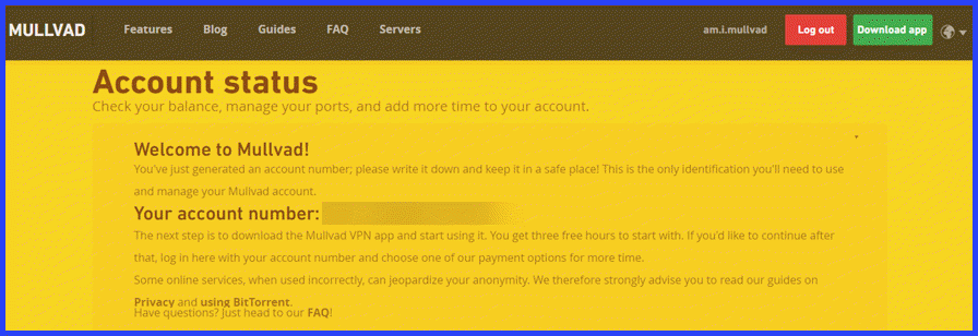Mullvad Account Welcoming Screen