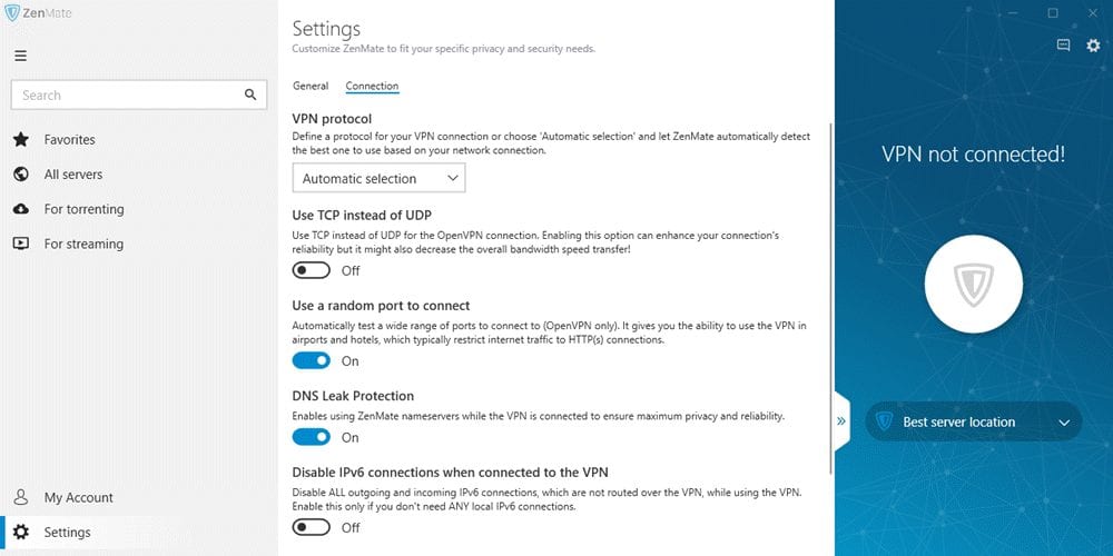 ZenMate connection settings