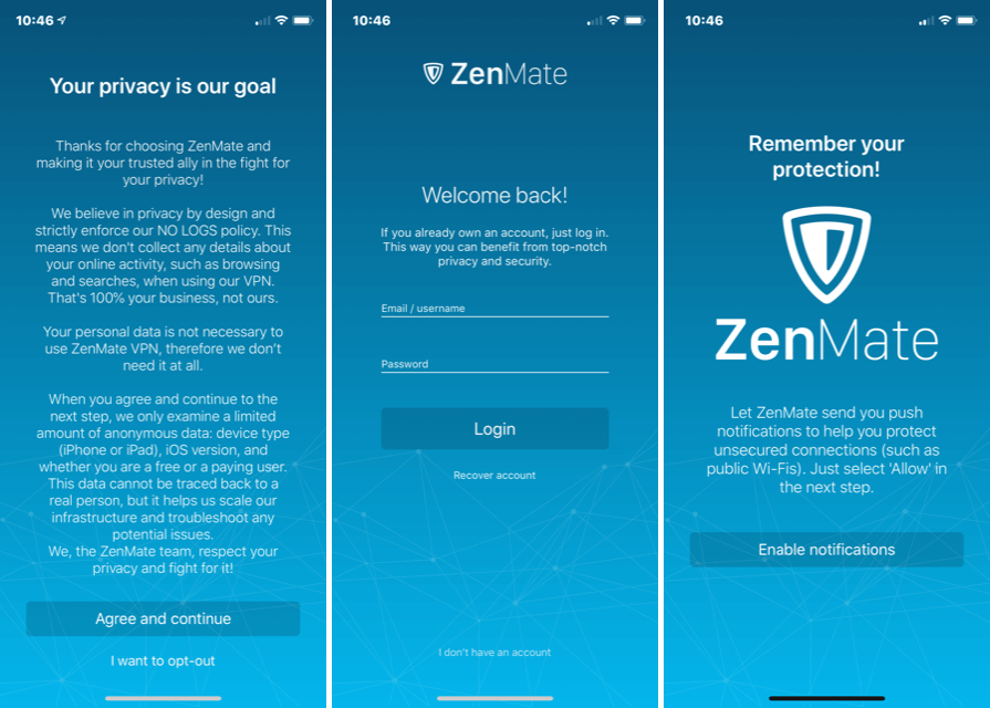ZenMate iOS login