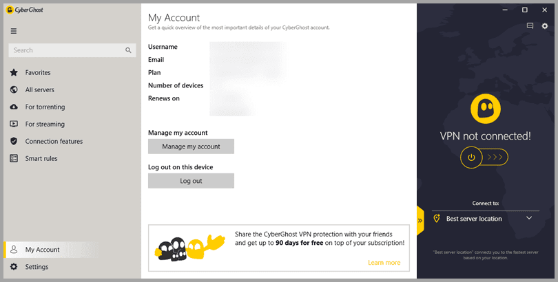 CyberGhost VPN My Account Information