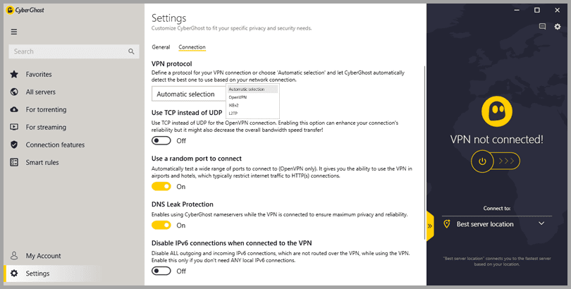 CyberGhost VPN Settings: Connection