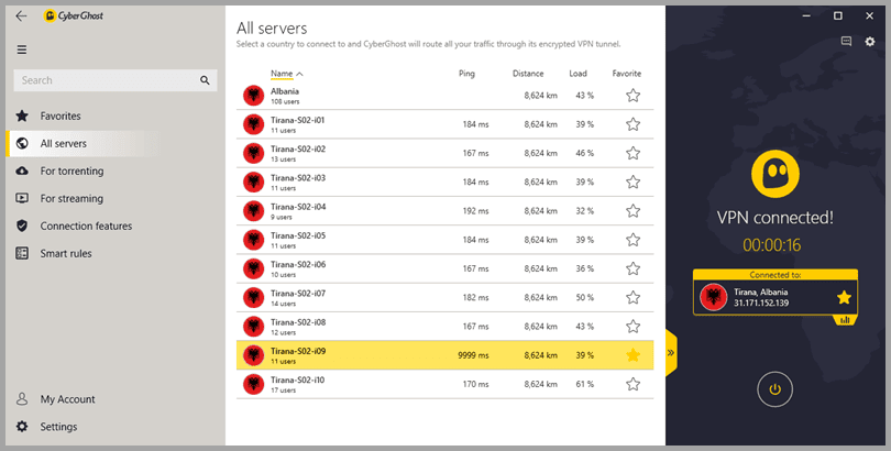 CyberGhost VPN Connection to a Local Abanian Server in Tirana