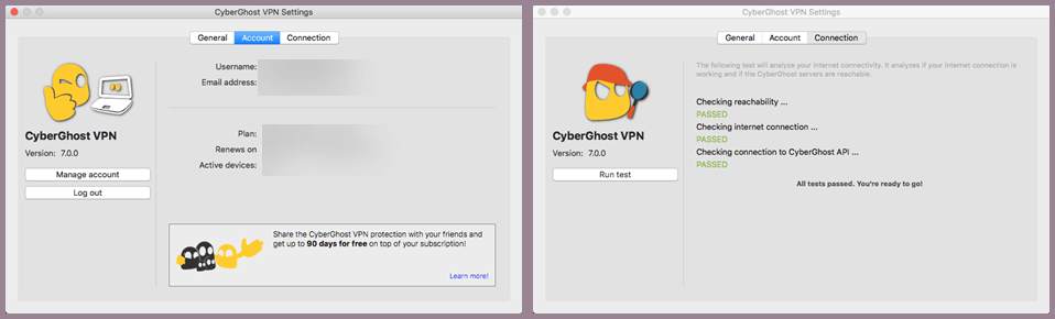 CyberGhost VPN Account Settings and Connection Test