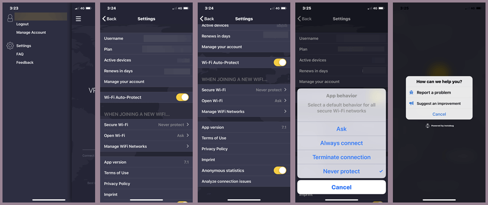 CyberGhost VPN Menu and App Settings for iOS