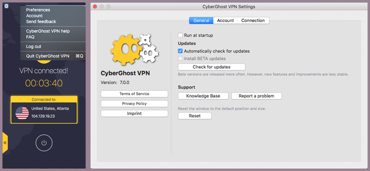 CyberGhost VPN Mac OS X App Menu