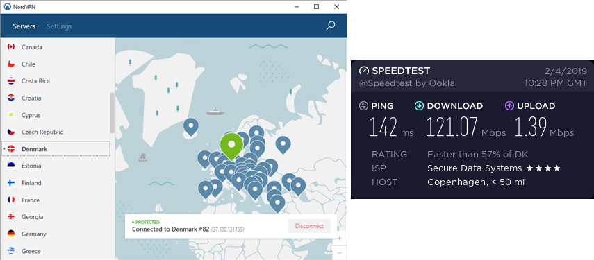 NordVPN Copenhagen speed test