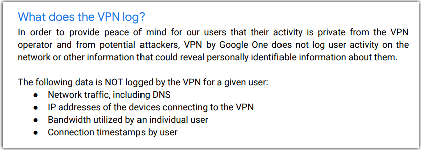 VPN by Google One Log policy