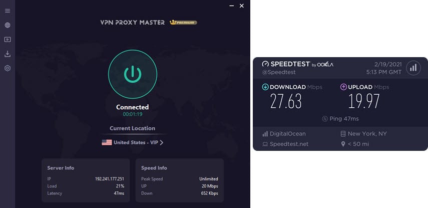 VPN Proxy Master speed test using OpenVPN