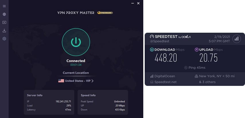 VPN Proxy Master speed test using V2ray