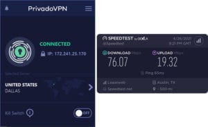 PrivadoVPN Austin speed test