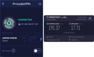 PrivadoVPN Dominican speed test