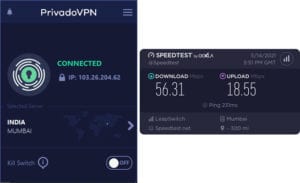 PrivadoVPN Kashmir speed test