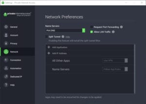 PIA VPN split tunneling