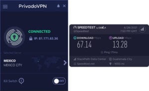 PrivadoVPN Guatemala speed test