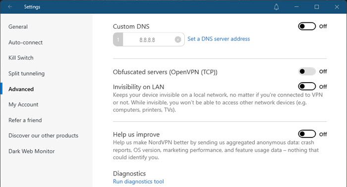 NordVPN advanced settings