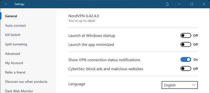 NordVPN general settings